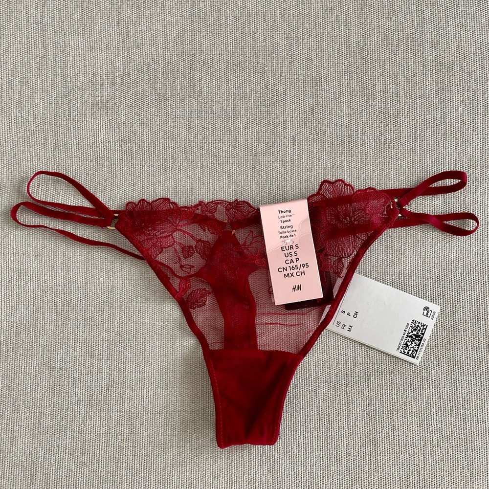 Romantic delicate lace and mesh deep red thong